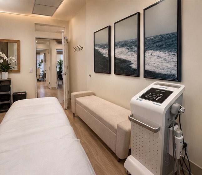 A calm treatment room at the practice: a padded treatment table and upholstered bench below three framed photographs of ocean waves, with a treatment device standing beside the bench.